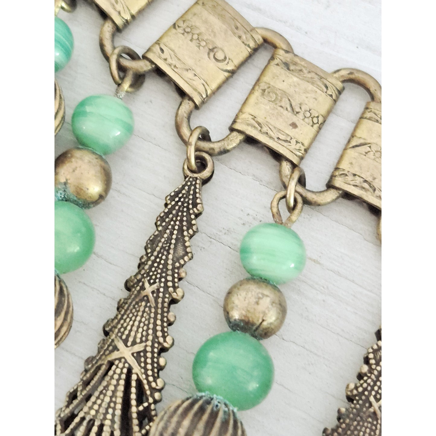 Antique Vintage Art Deco Book Chain Czech Glass Filigree Dangle Collar Necklace