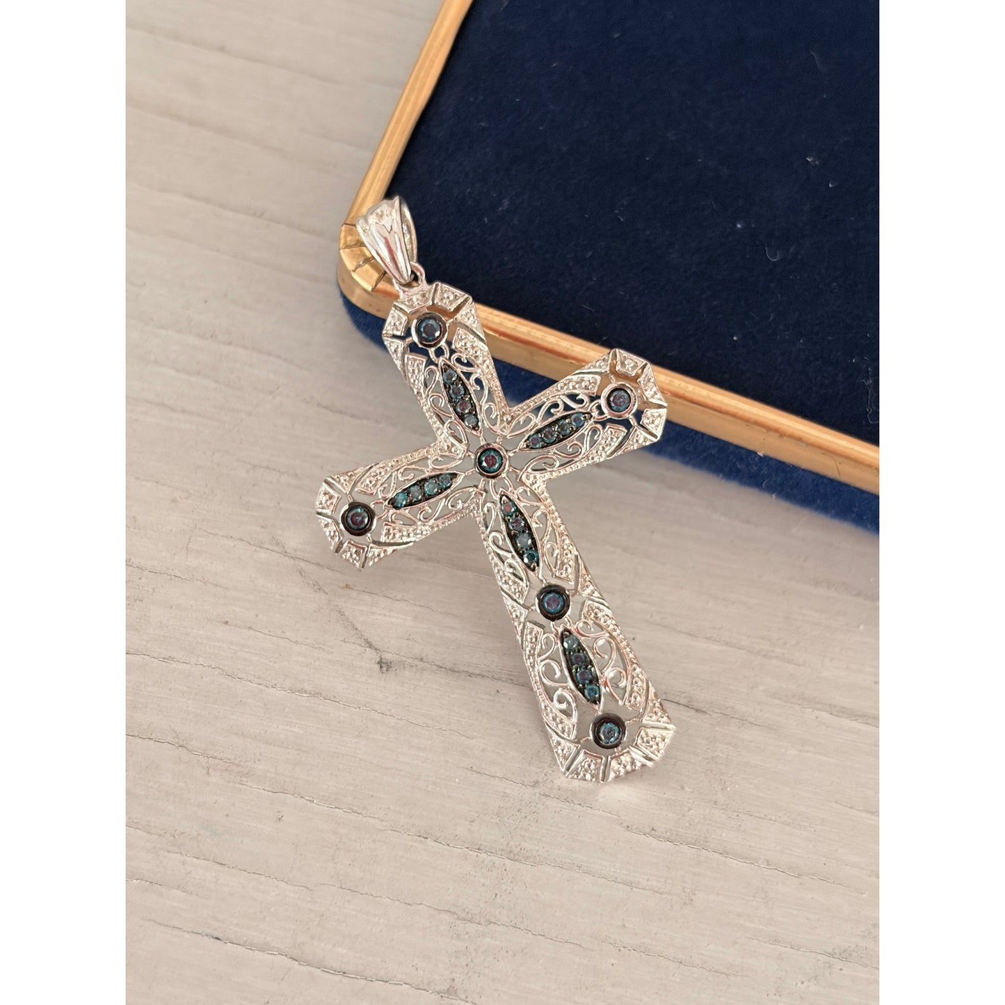 Sterling Silver Topaz Filigree Scroll Cross