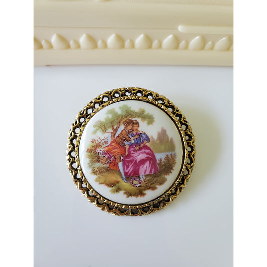 Vintage Porcelain Victorian Brass Brooch