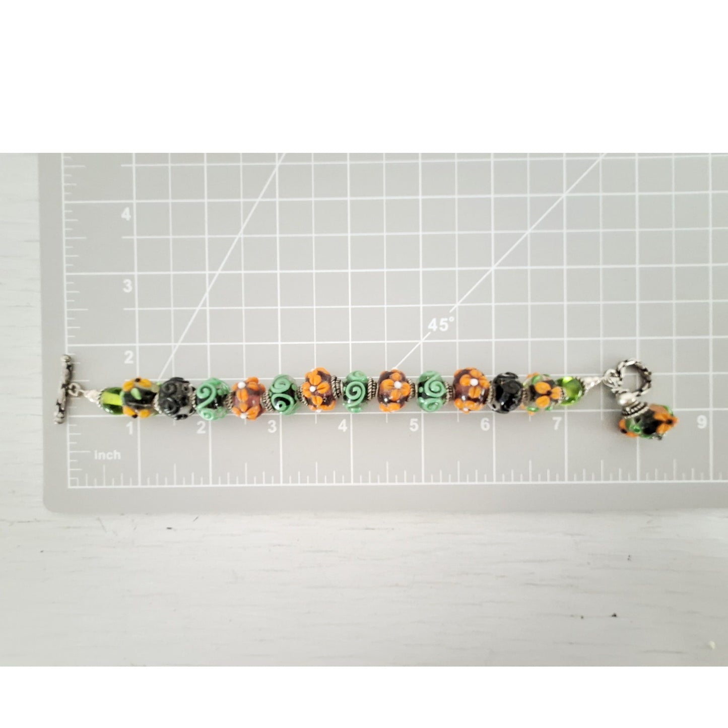 Vintage Artisan Green and Orange Lampwork glass Bead Toggle Clasp Bracelet