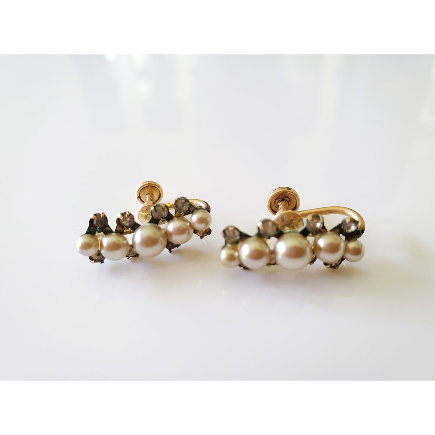 Vintage Gold Fill White Rhinestone Cocktail Set of Earrings and Brooch