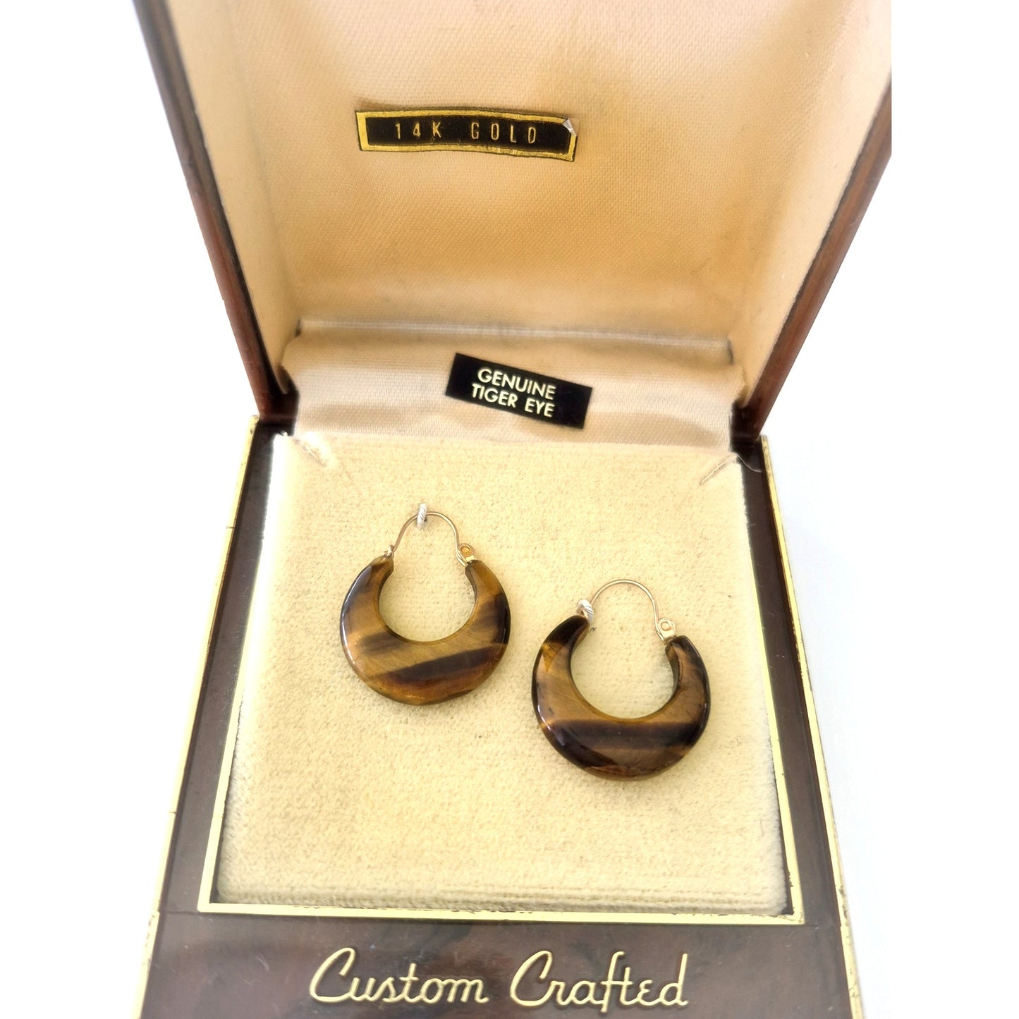Vintage 14K Gold Tiger Eye Hoop Earrings
