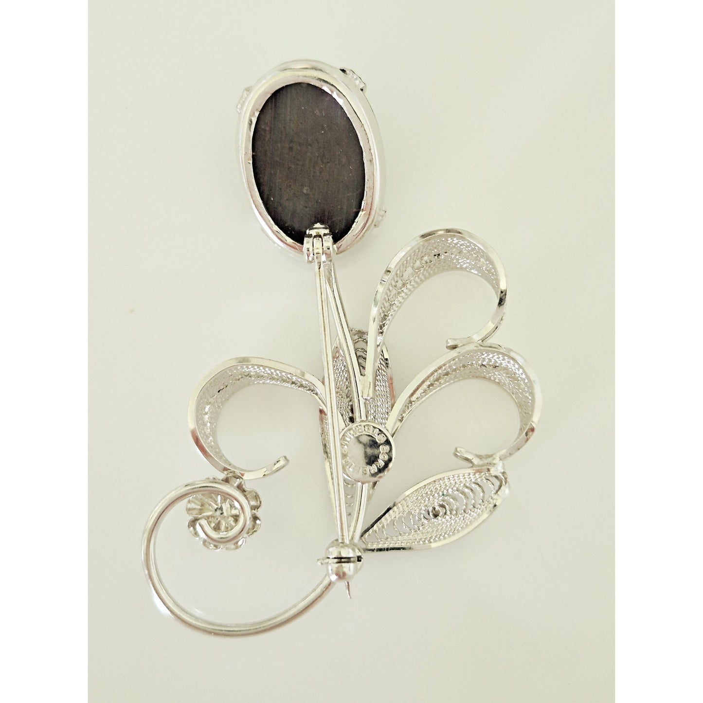 Vintage Sterling Silver Sorrento Designer Hematite Flower Filigree Brooch Pin