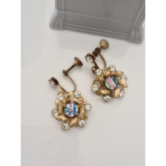 Vintage MCM Iris Striped Rhinestone Dangle Flower Screw-on Earrings