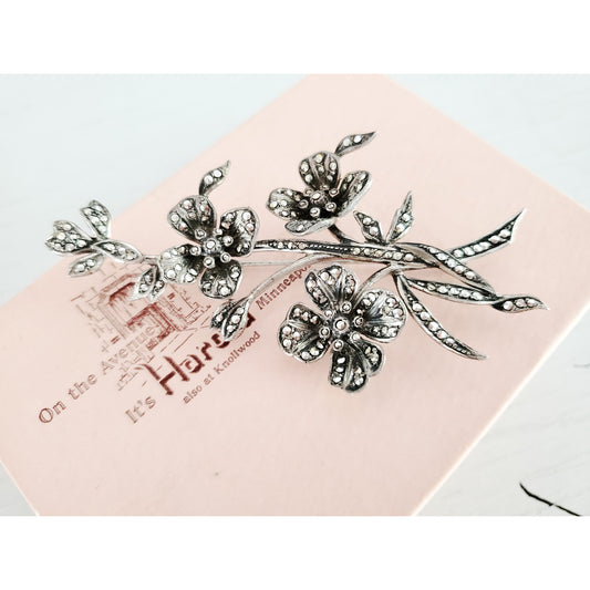 Vintage Sterling Silver Marcasite Floral Brooch
