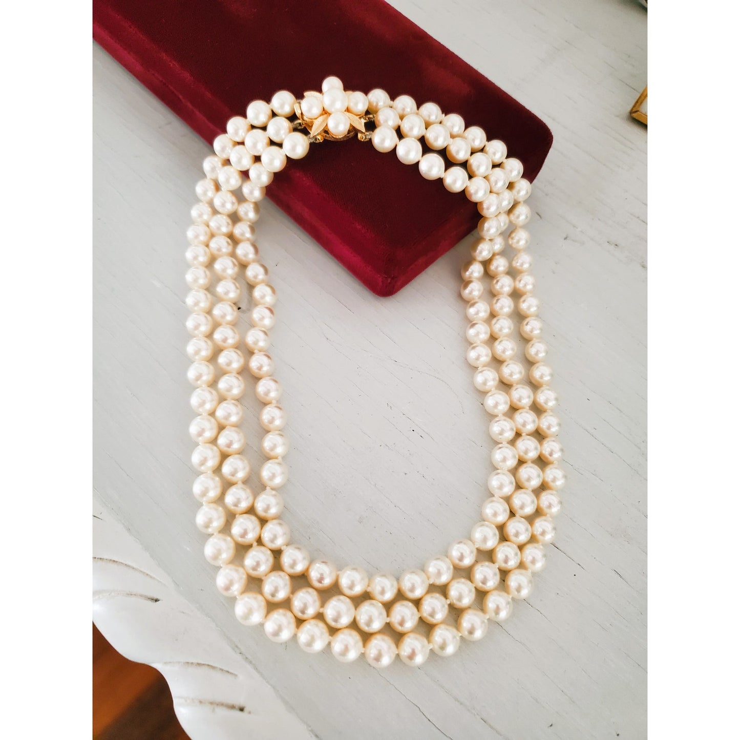 Vintage Majorica Triple Strand Pearl Necklace with Box Clasp