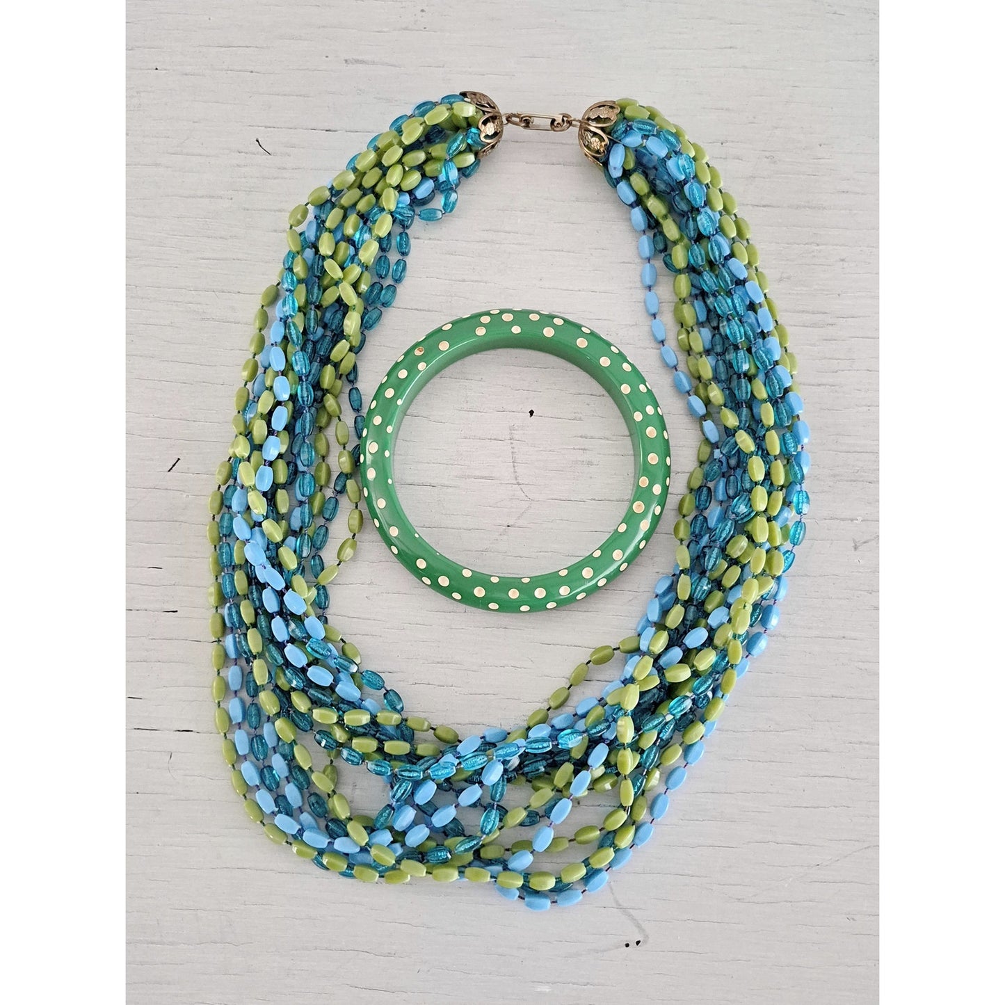 Vintage Mid-Century Blue and Green Necklace and Bracelet Set