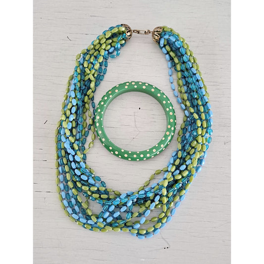 Vintage Mid-Century Blue and Green Necklace and Bracelet Set
