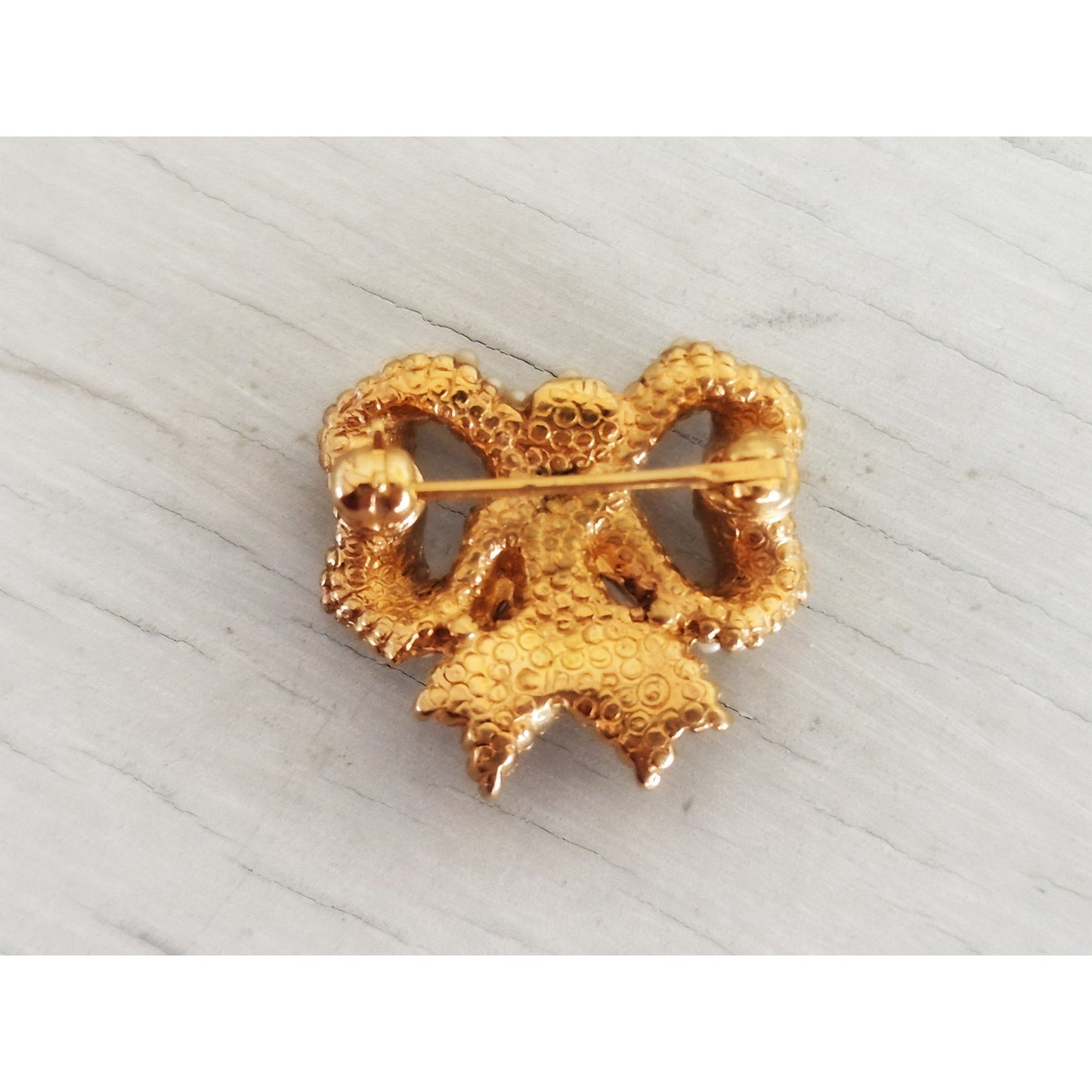 Vintage Signed Ciner Gold Tone Faux Seed Pearl Mini Bow Brooch Pin