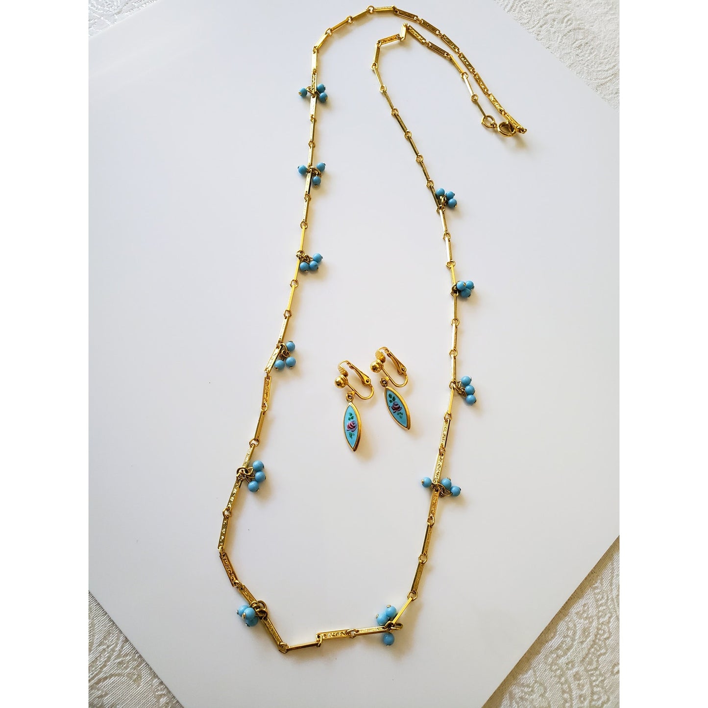 Vintage Long Blue Agate Necklace and Earring Set