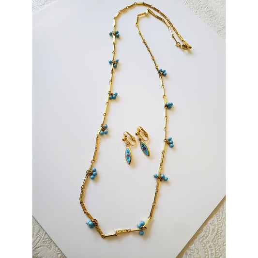 Vintage Long Blue Agate Necklace and Earring Set