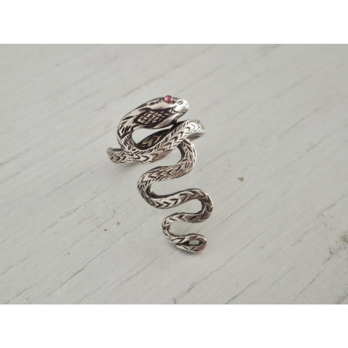 Vintage Sterling Silver Ruby Navette Snake Cobra Ring