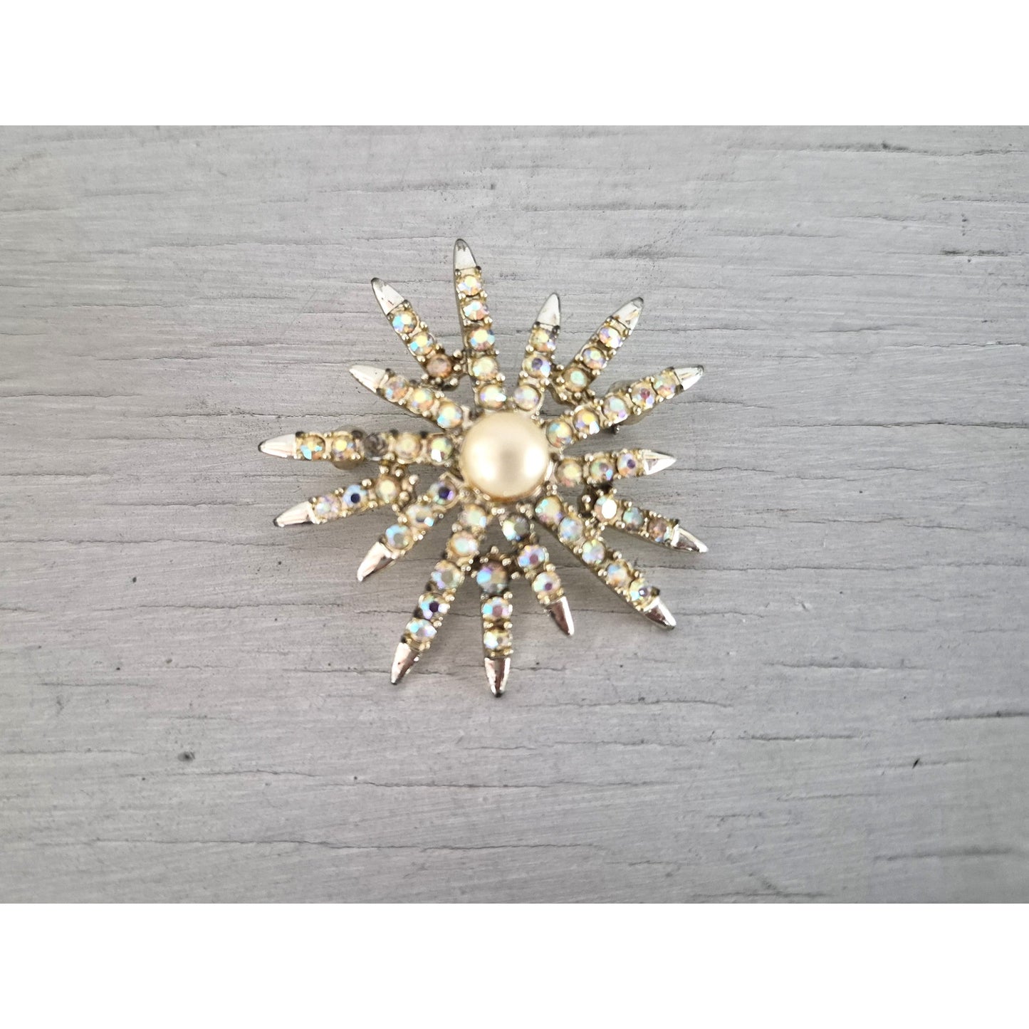 Vintage Star Burst Faux Pearl and AB Stone Brooch and Earring Set