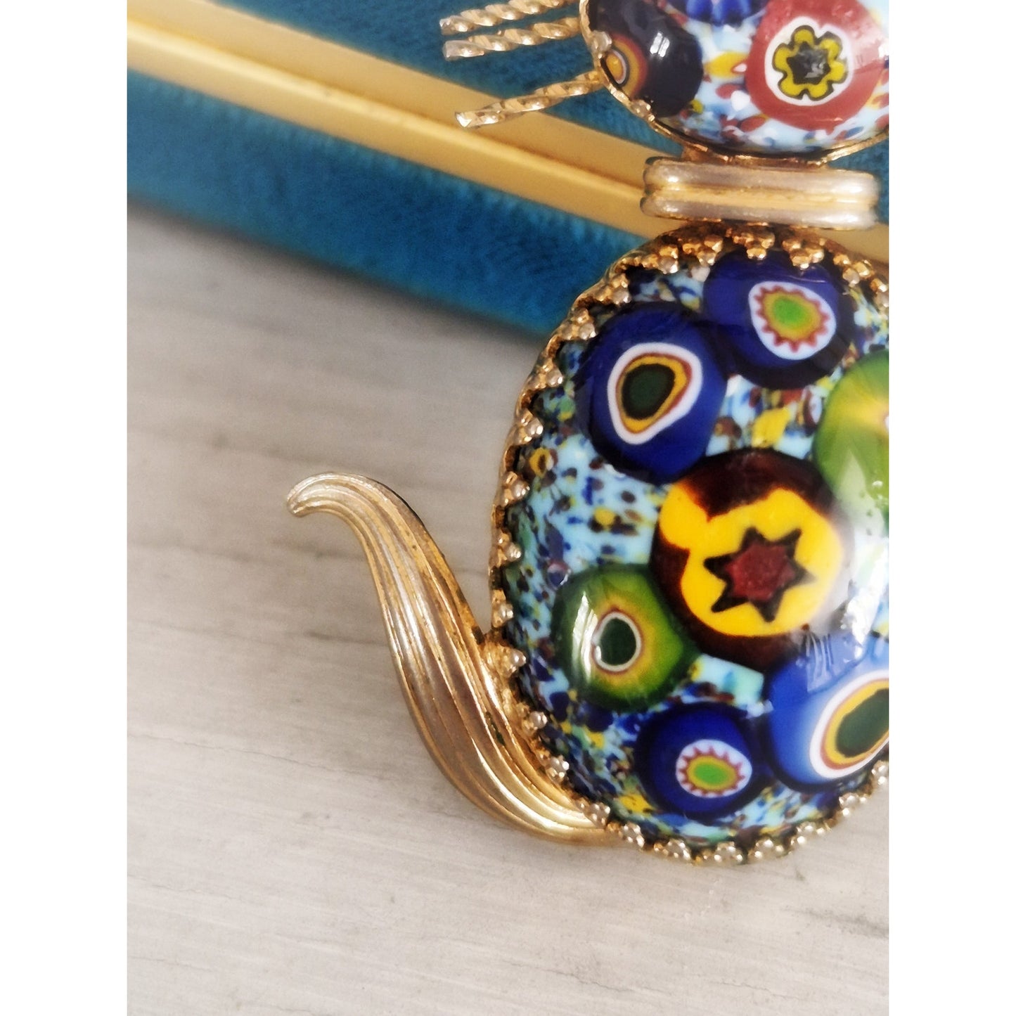 Vintage Millefiori Cat Brooch with Deep Blue Background