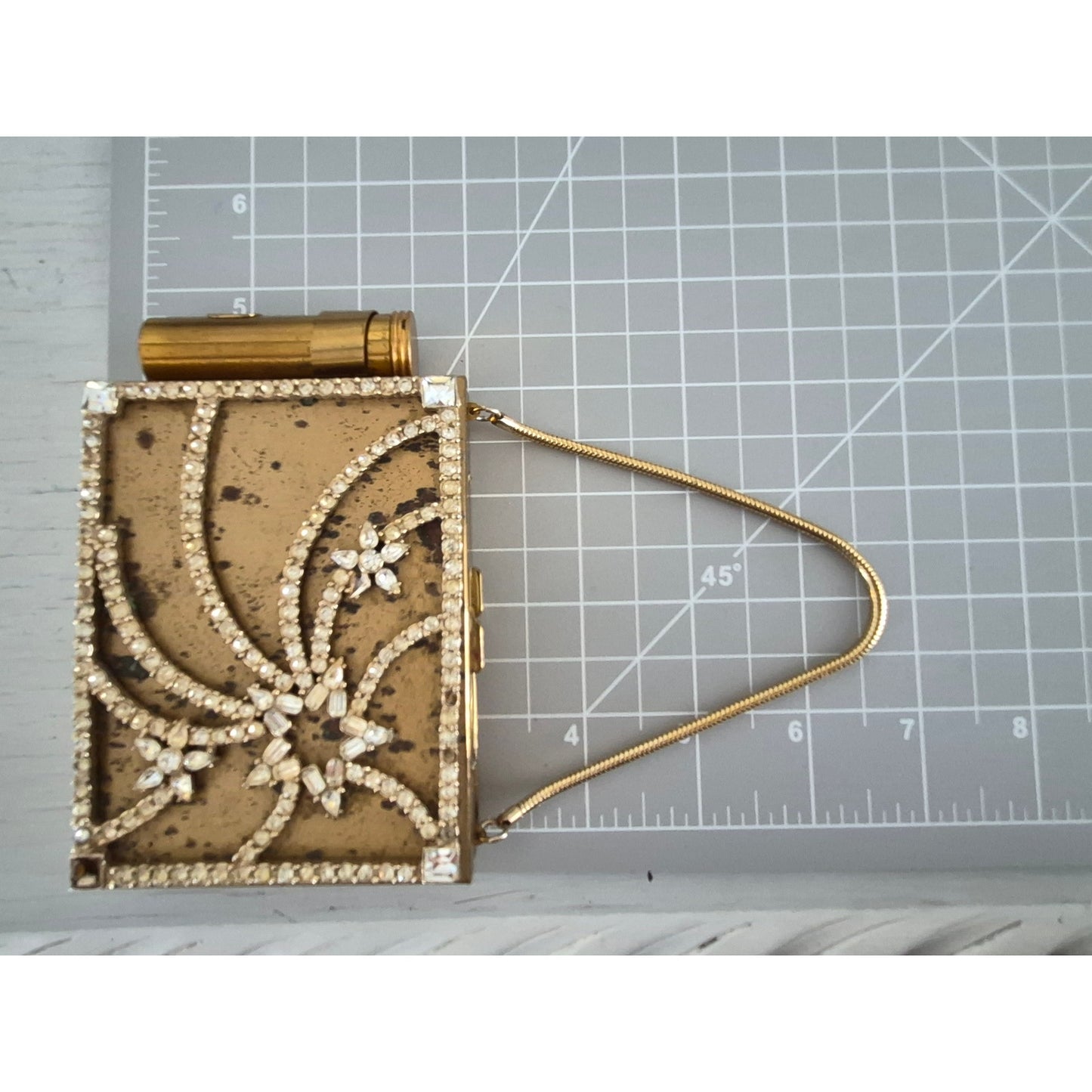 Vintage 1940s Gold-tone Rhinestone Compact Lipstick and Cigarette Case Purse