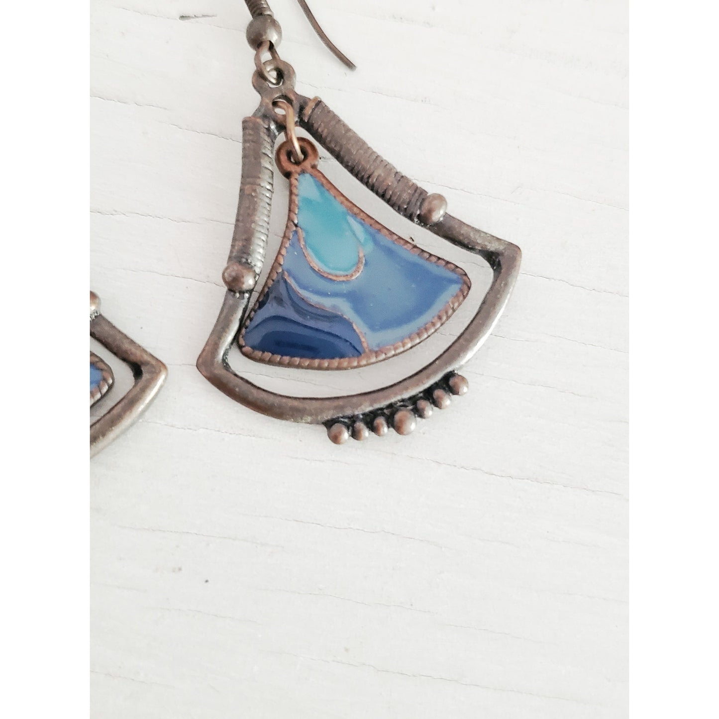 Vintage Silver-tone Blue Enamel Fan Dangle Earrings