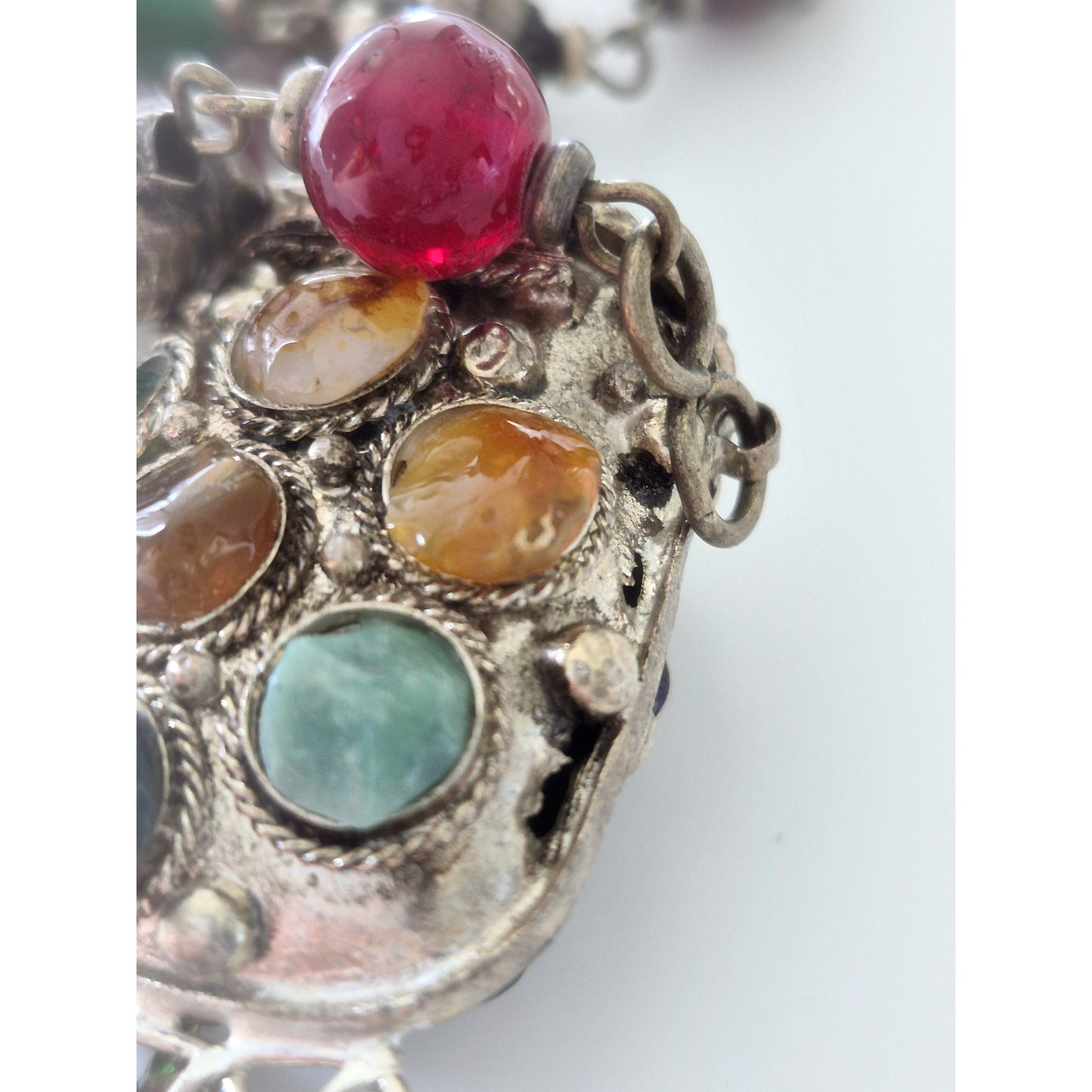 Vintage Tribal Afghan Kuchi Silver-tone Agate Purse Necklace