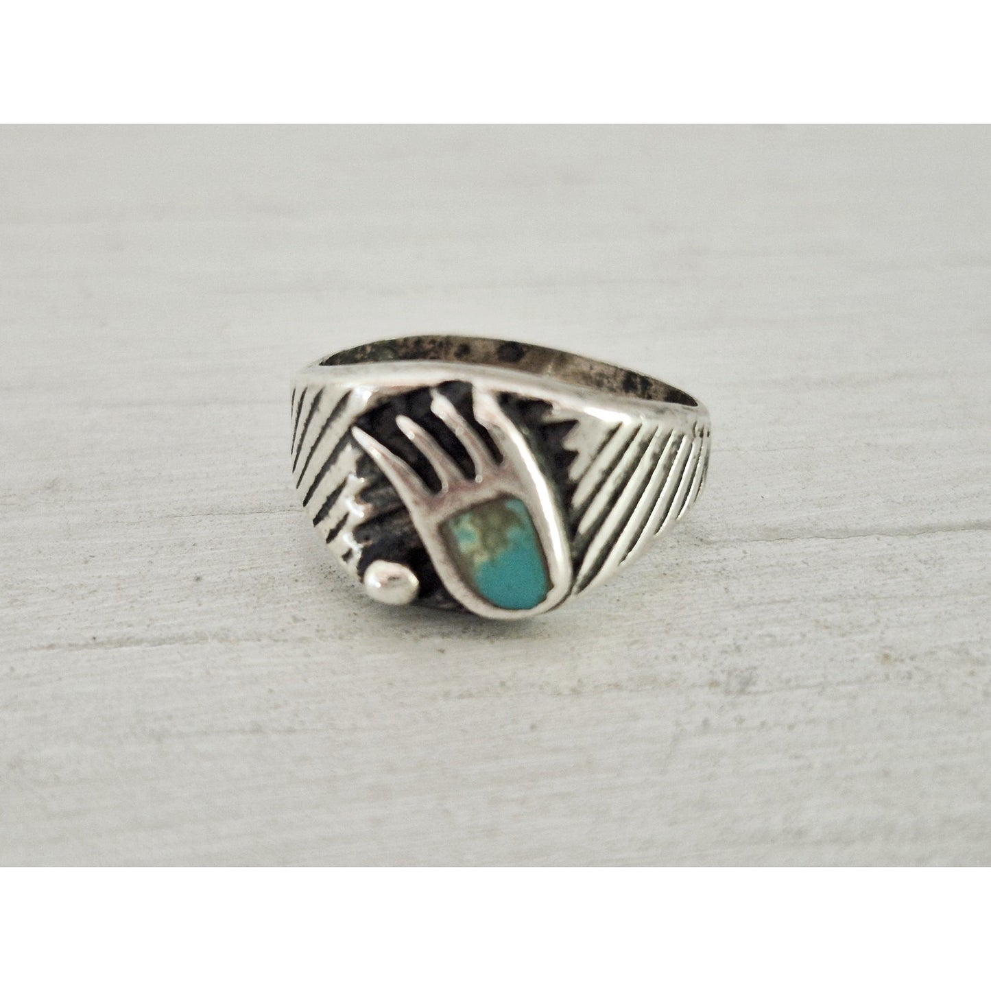 Vintage Sterling Silver Turquoise Native American Bear Paw Pinky Ring