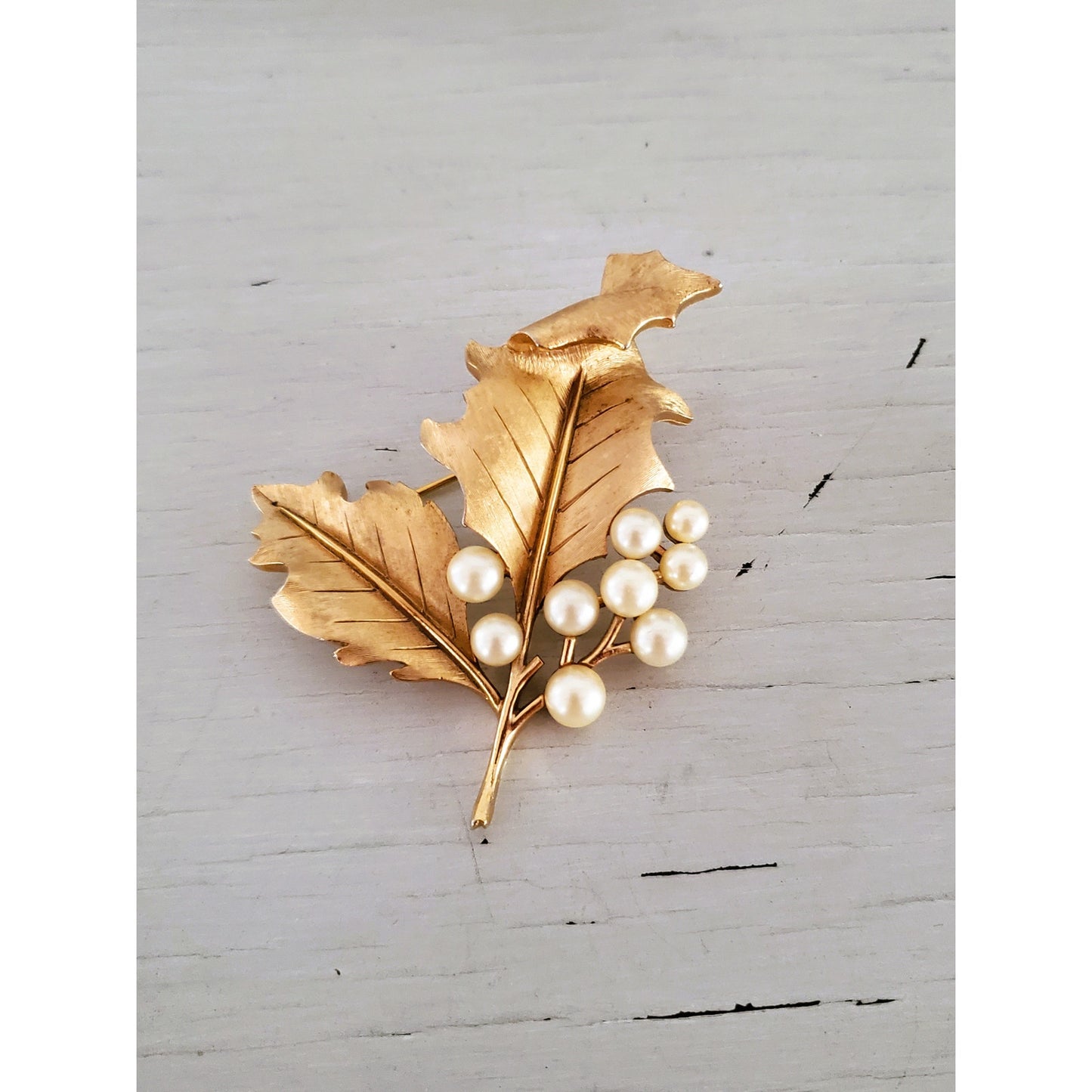 Vintage Mid-Century Crown Trifari Holly Leaf and Pearl Set
