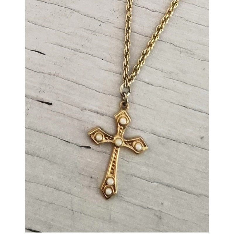 Vintage 1928 Designer Faux Pearl Cross Necklace