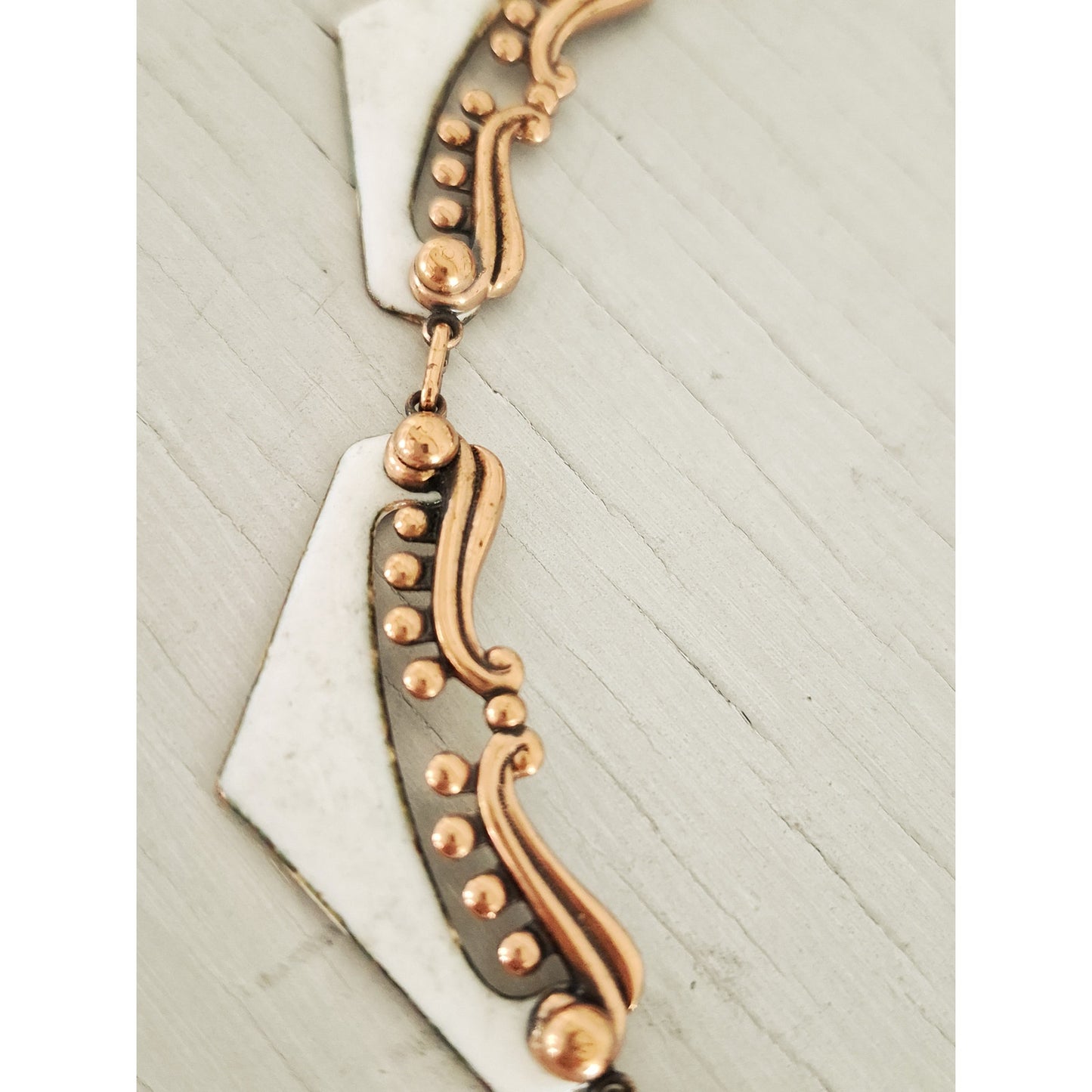 Vintage MCM Matisse Signed Copper White Enamel Atomic Necklace