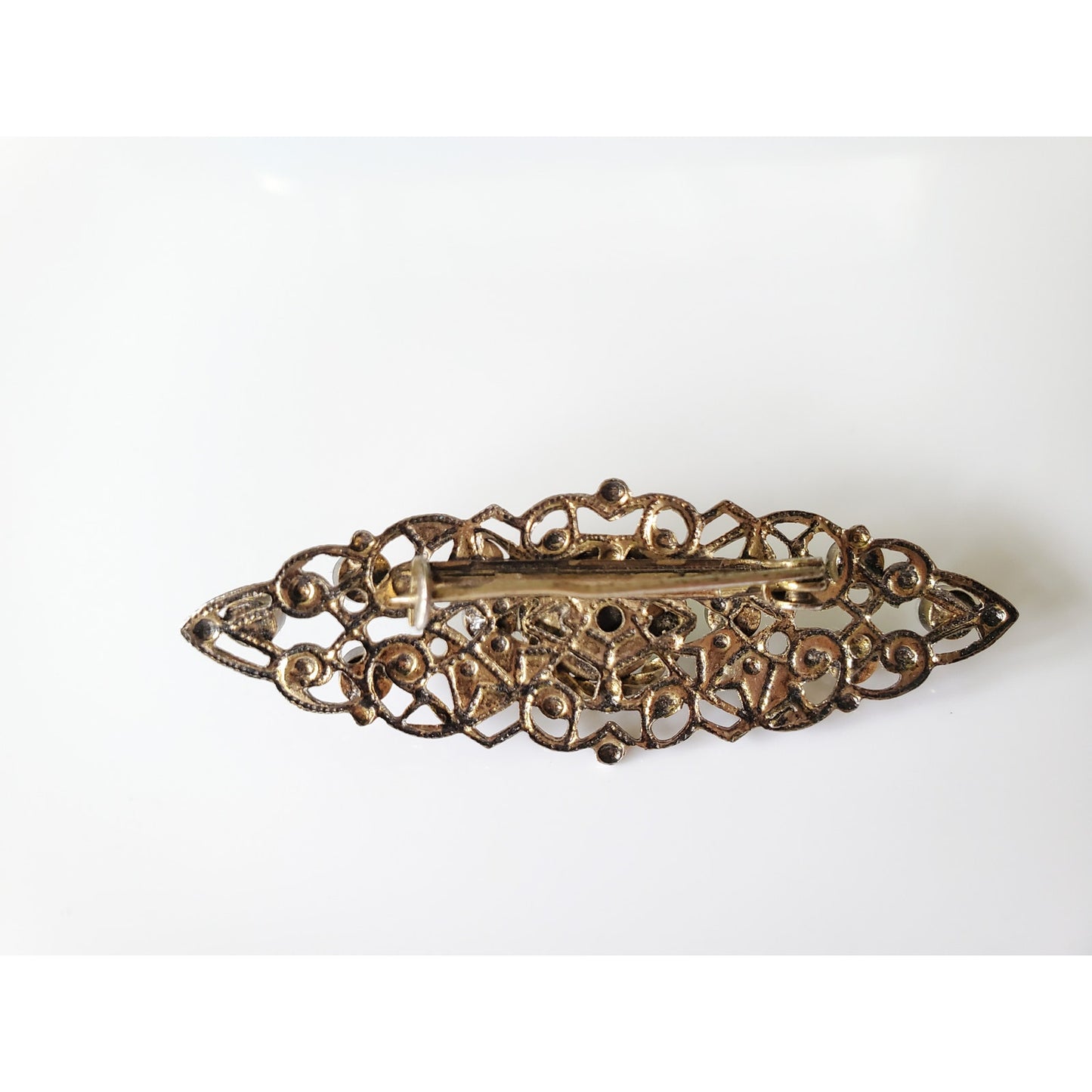 Vintage Art Deco Filigree Green Stone and Pearl Brooch