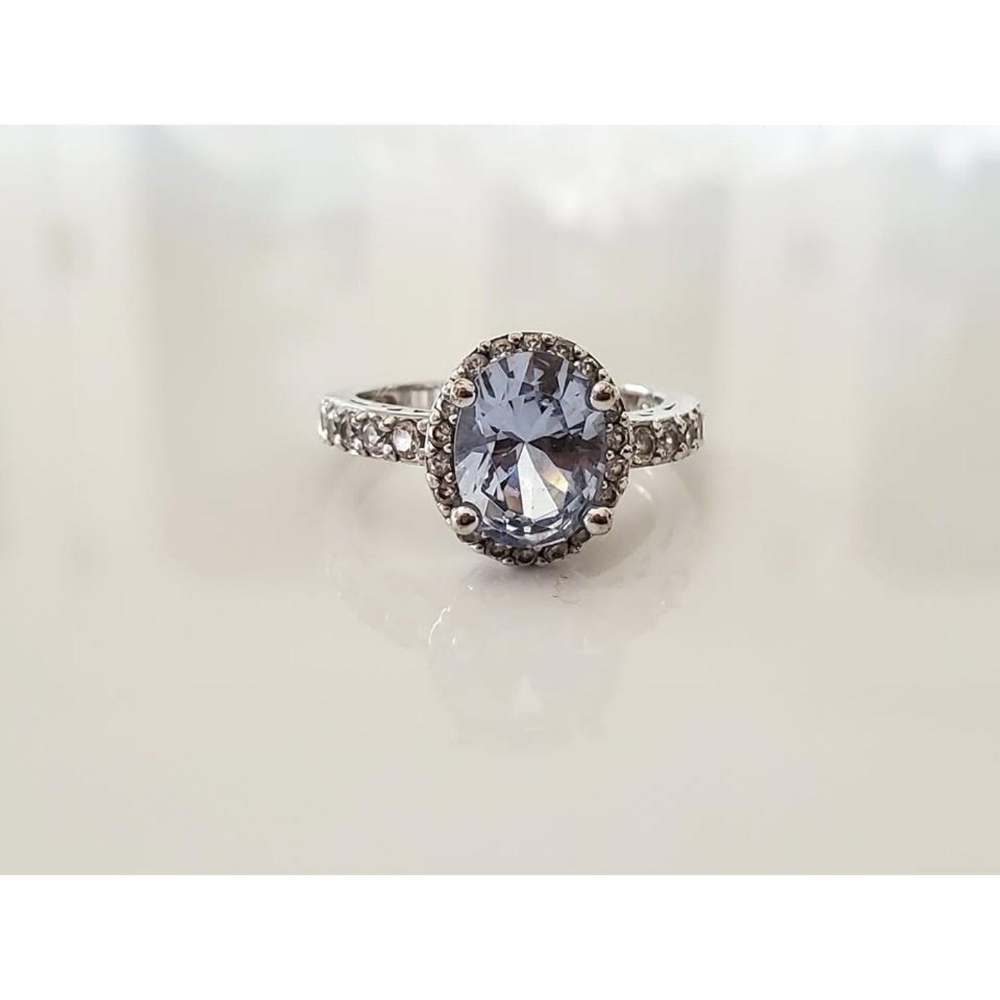 Blue Stone and CZ Halo Sterling Silver Ring