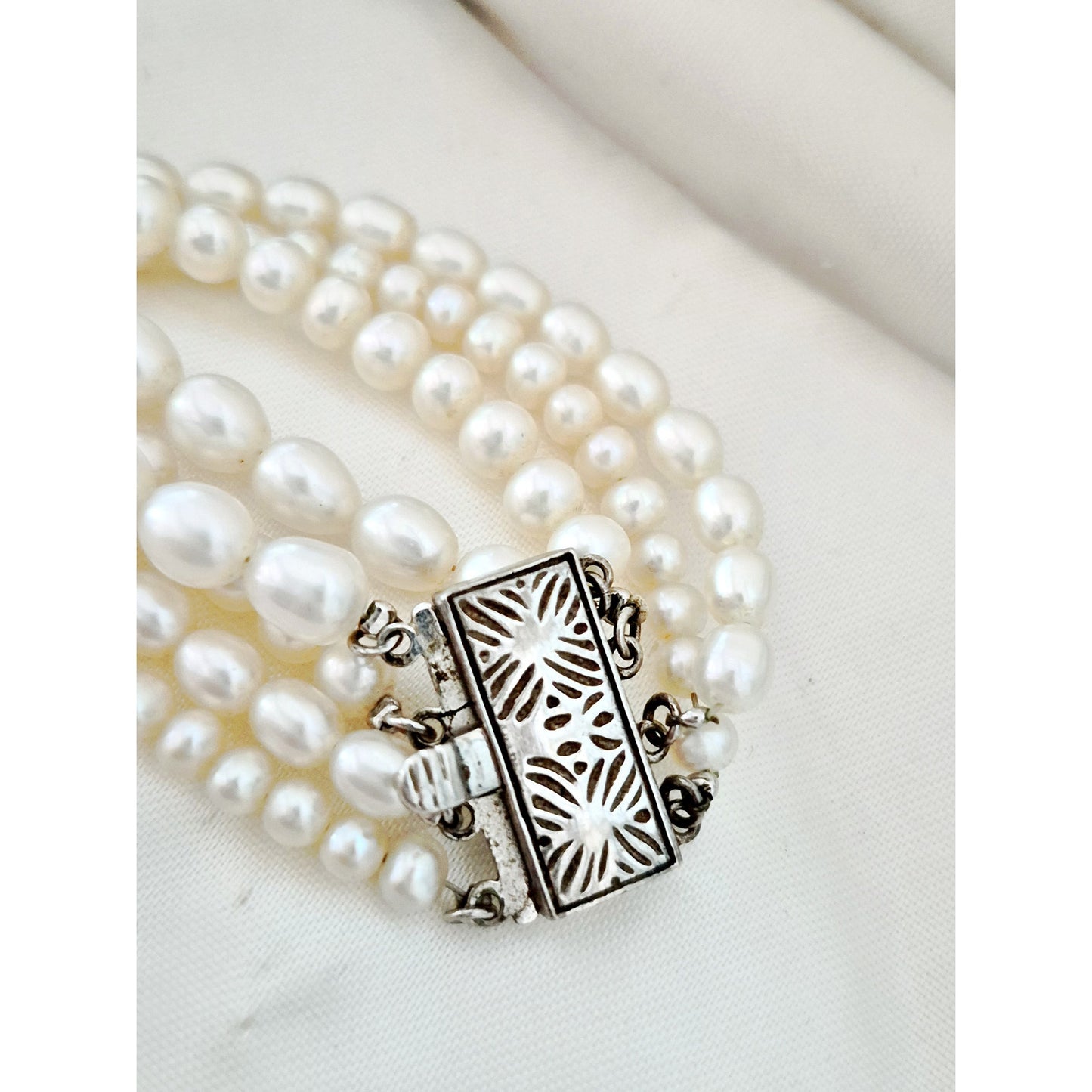 Vintage Sterling Silver 4 Strand Cultured Pearl Choker Necklace with Box Clasp