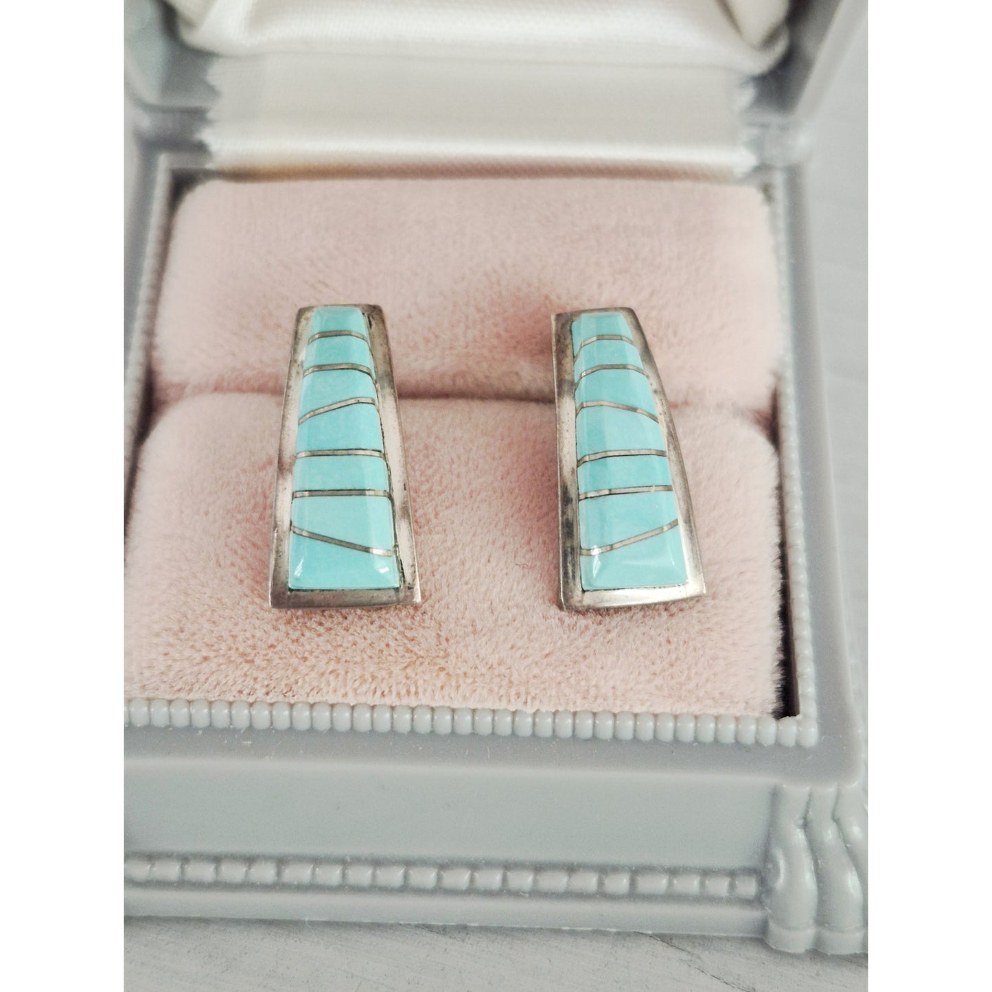 Vintage Sterling Silver Native Zuni D. Isalate Turquoise Inlaid Earrings