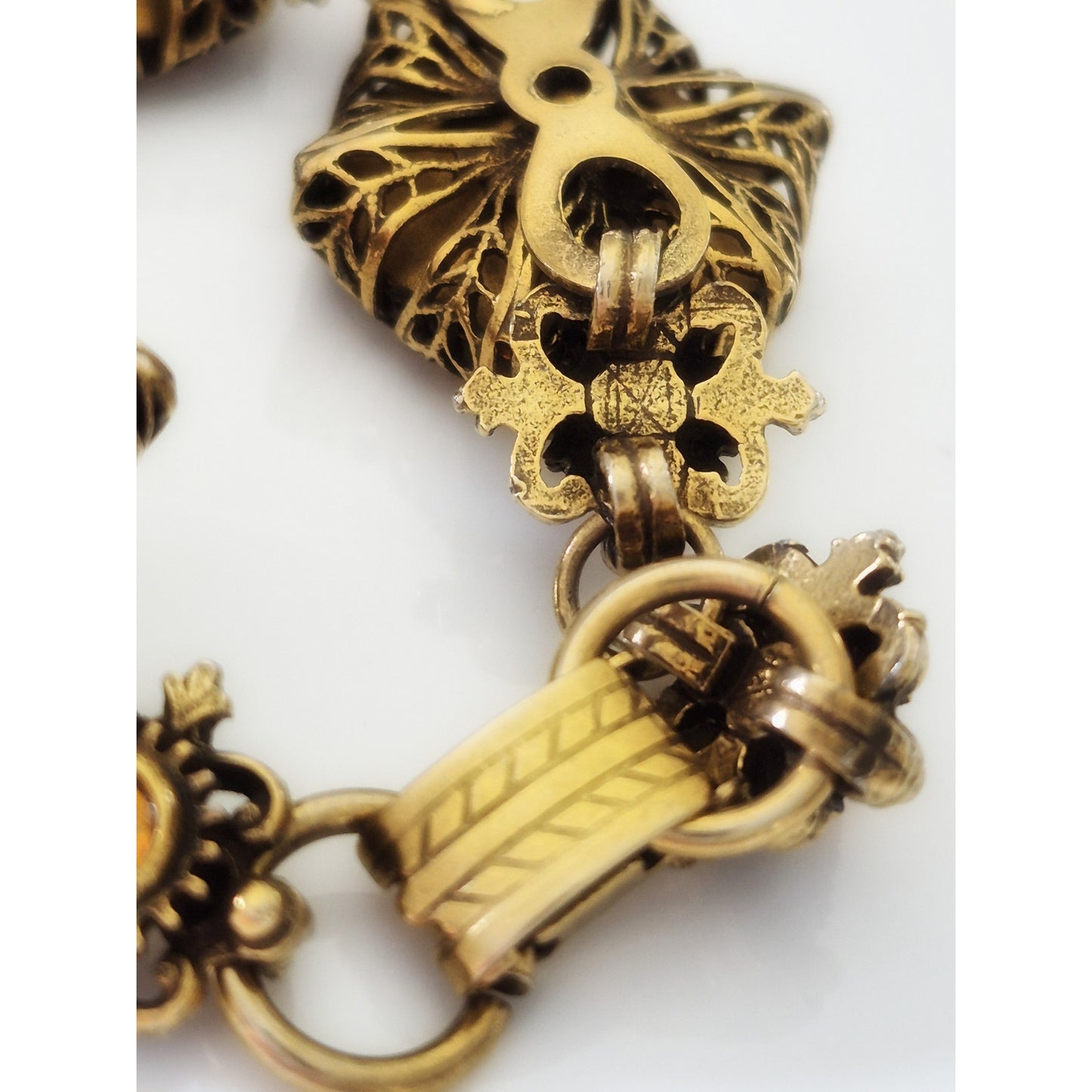 Vintage Art Deco Checho Filigree Cognac Crystal Bracelet and Earring Set