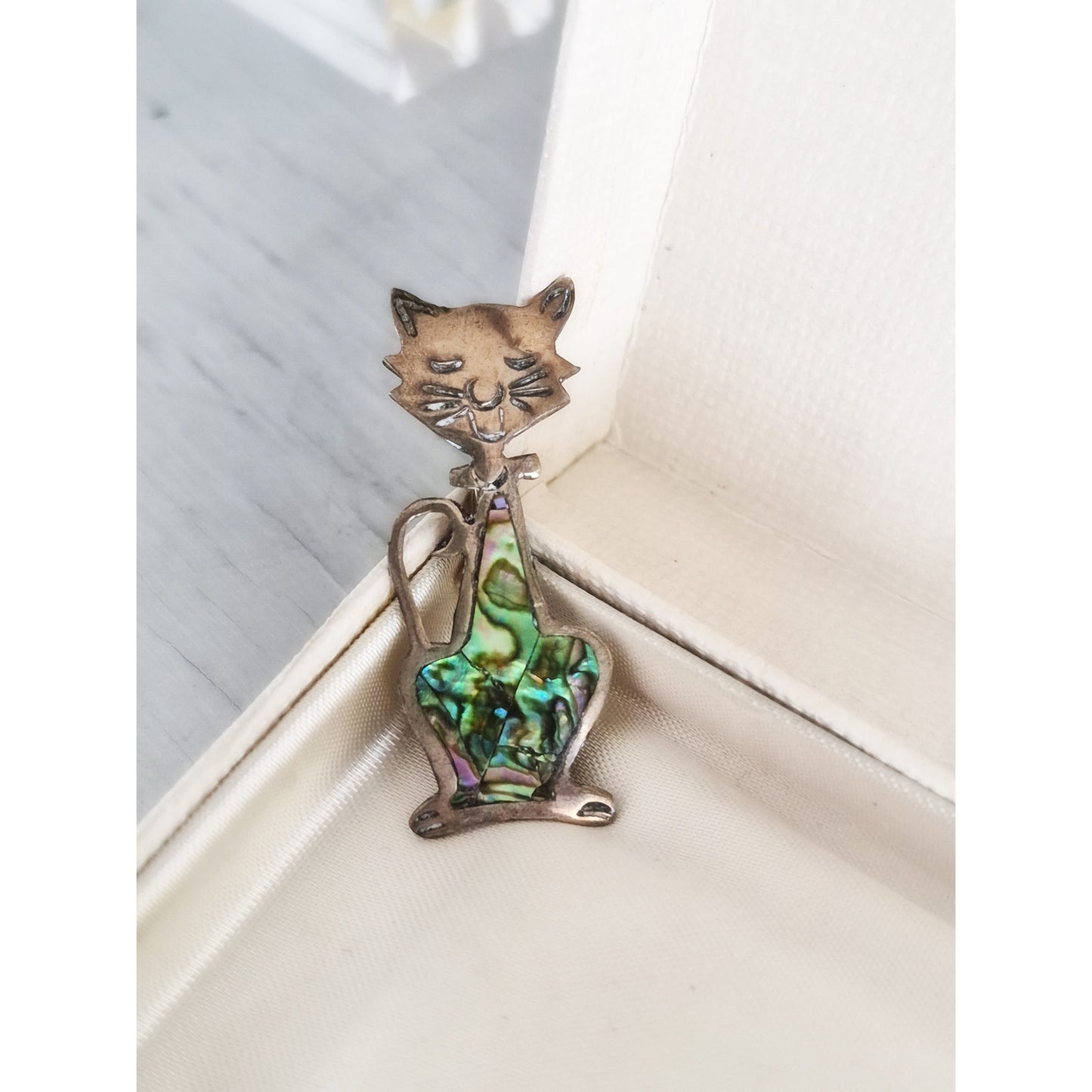 Abalone Shell Cat Sterling Silver Taxco Mexico Brooch Pin Vintage