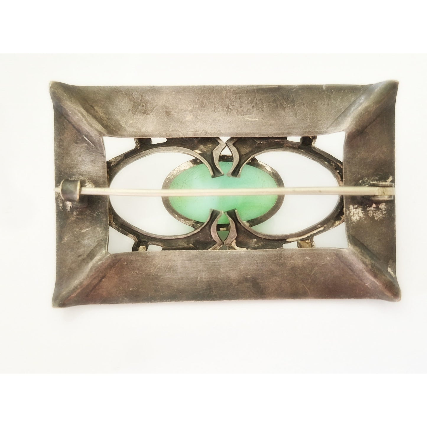Antique Victorian Peking Green Glass Art Nouveau C-Clasp Brooch