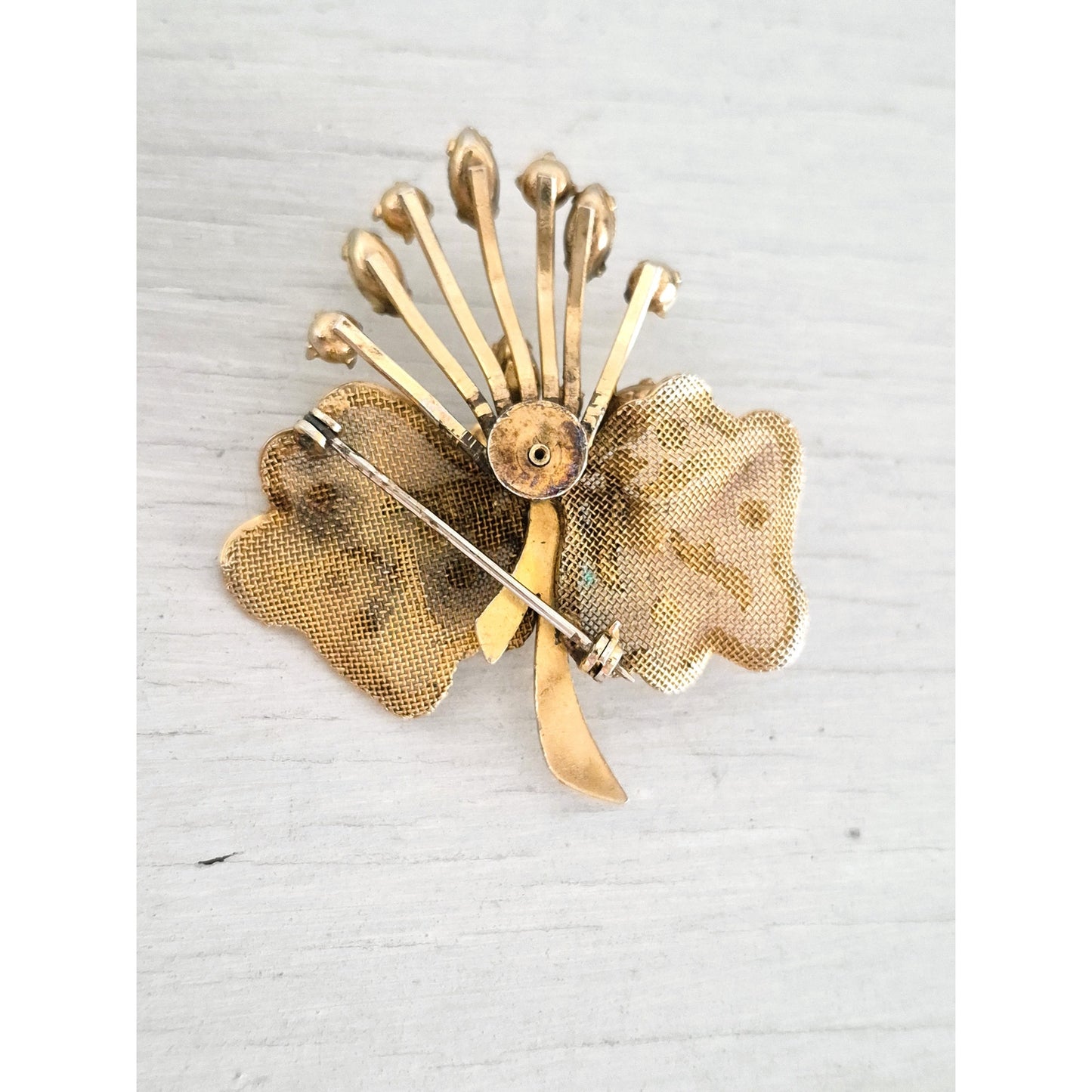 Vintage Gold Tone Blue Rhinestone and Faux Pearl Floral Brooch