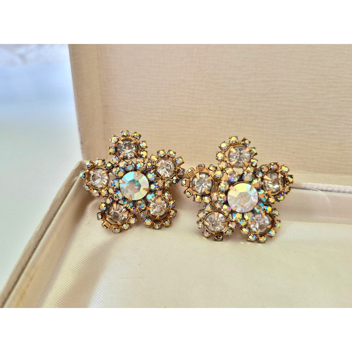 Vintage 1950s AB Rhinestone Flower Clip On Style Earrings