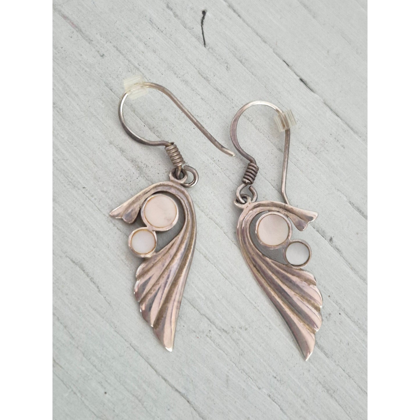 Vintage Sterling Silver Wing Mother of Pearl Dangle Earrings