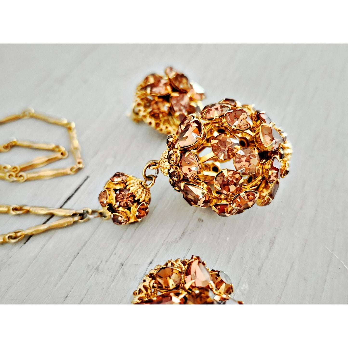 Vintage 1970s Citrine Crystal Orb Lariat Gold Plated Necklace and Earring Set