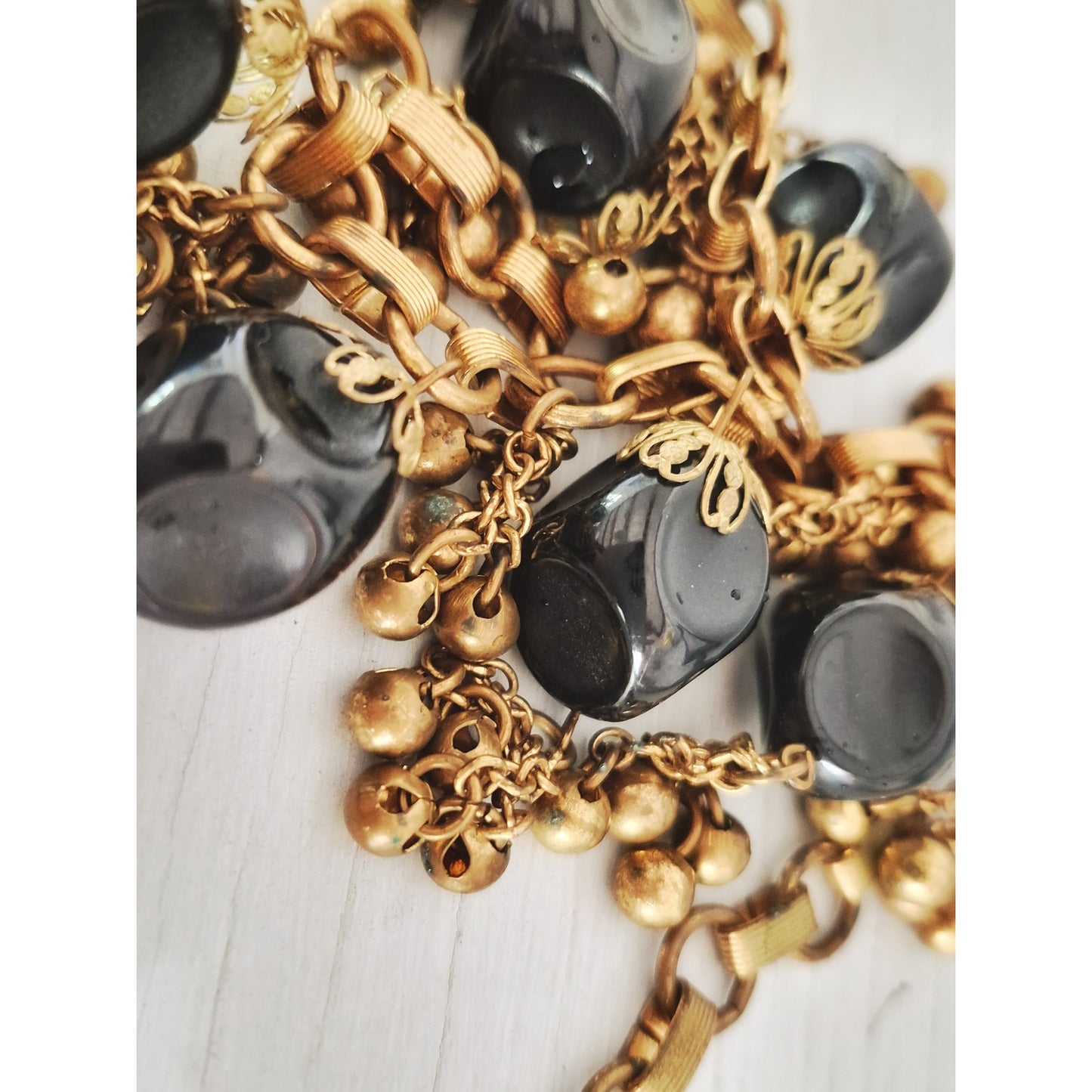 Vintage Black and Gold Beaded Dangle Statement Collar Necklace