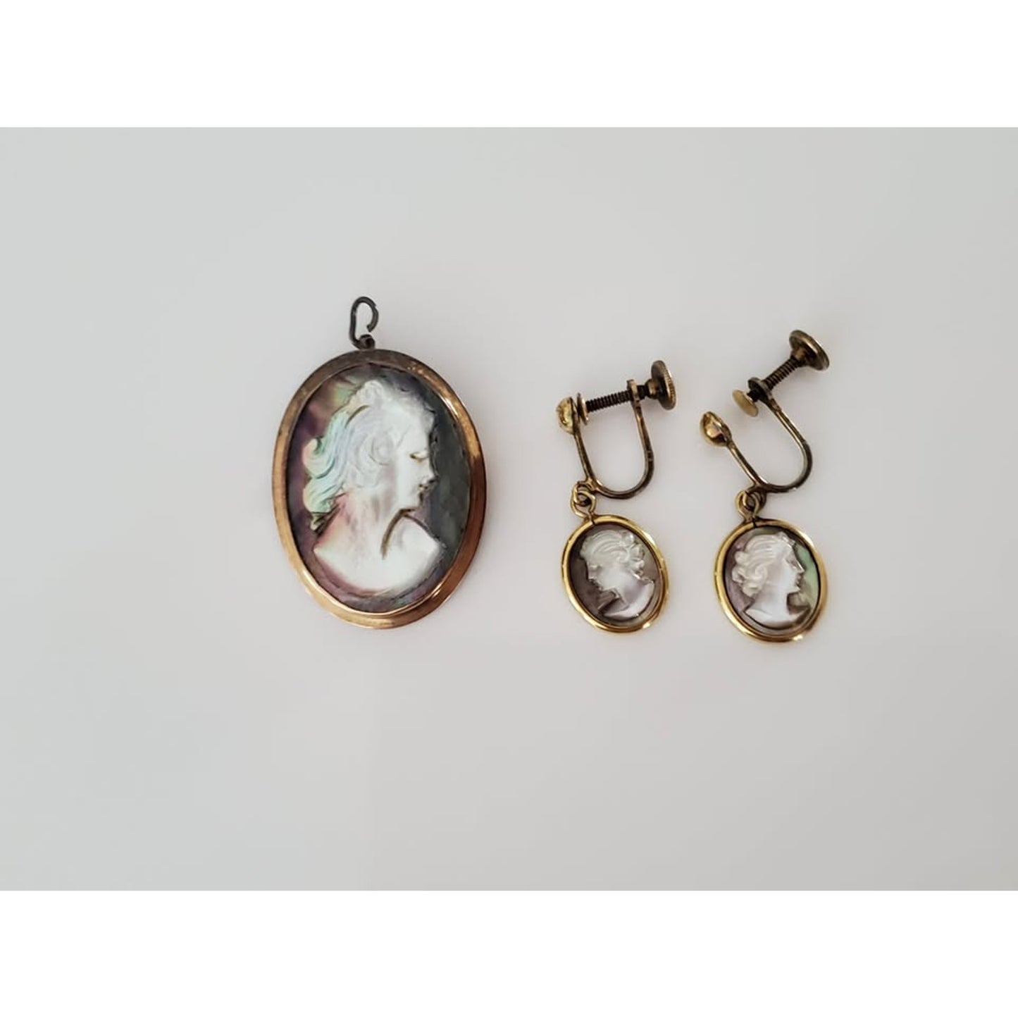 Vintage Sterling Silver Mother of Pearl Brooch Pendant and Earring Set
