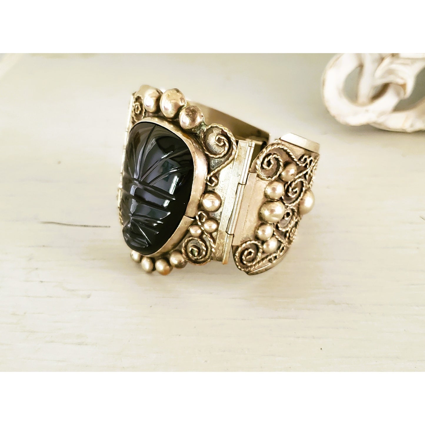 Vintage Large Silver Panel Onyx Mexico Panel Bracelet