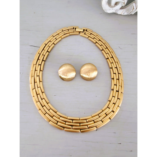 Vintage Monet Goldtone Wide Basketweave Wide Necklace and Earring Set
