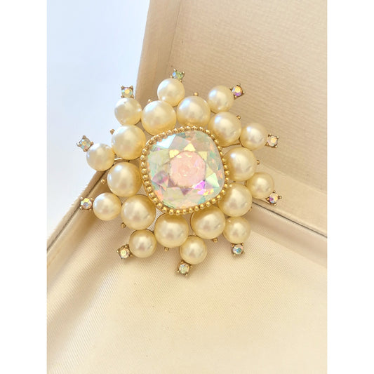 Vintage Large AB and Faux Pearl Brooch