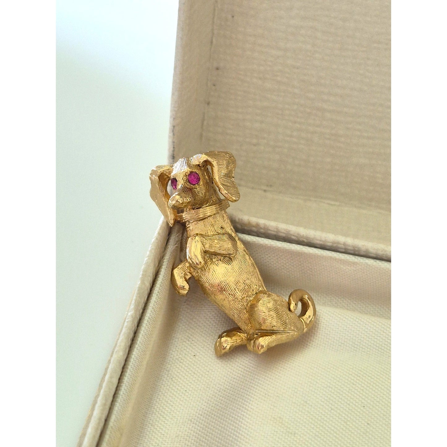 Vintage Napier Gold Tone Dachshund Dog Brooch with Red Rhinestone Eye