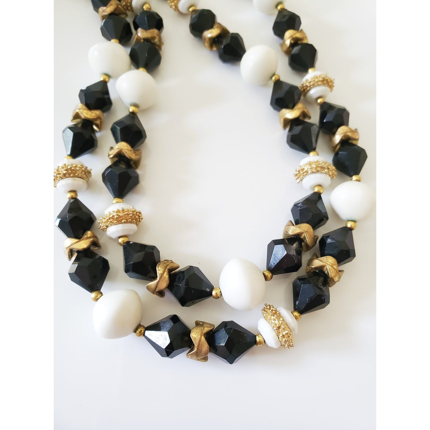 Vintage Black and White Beaded Double Strand Necklace