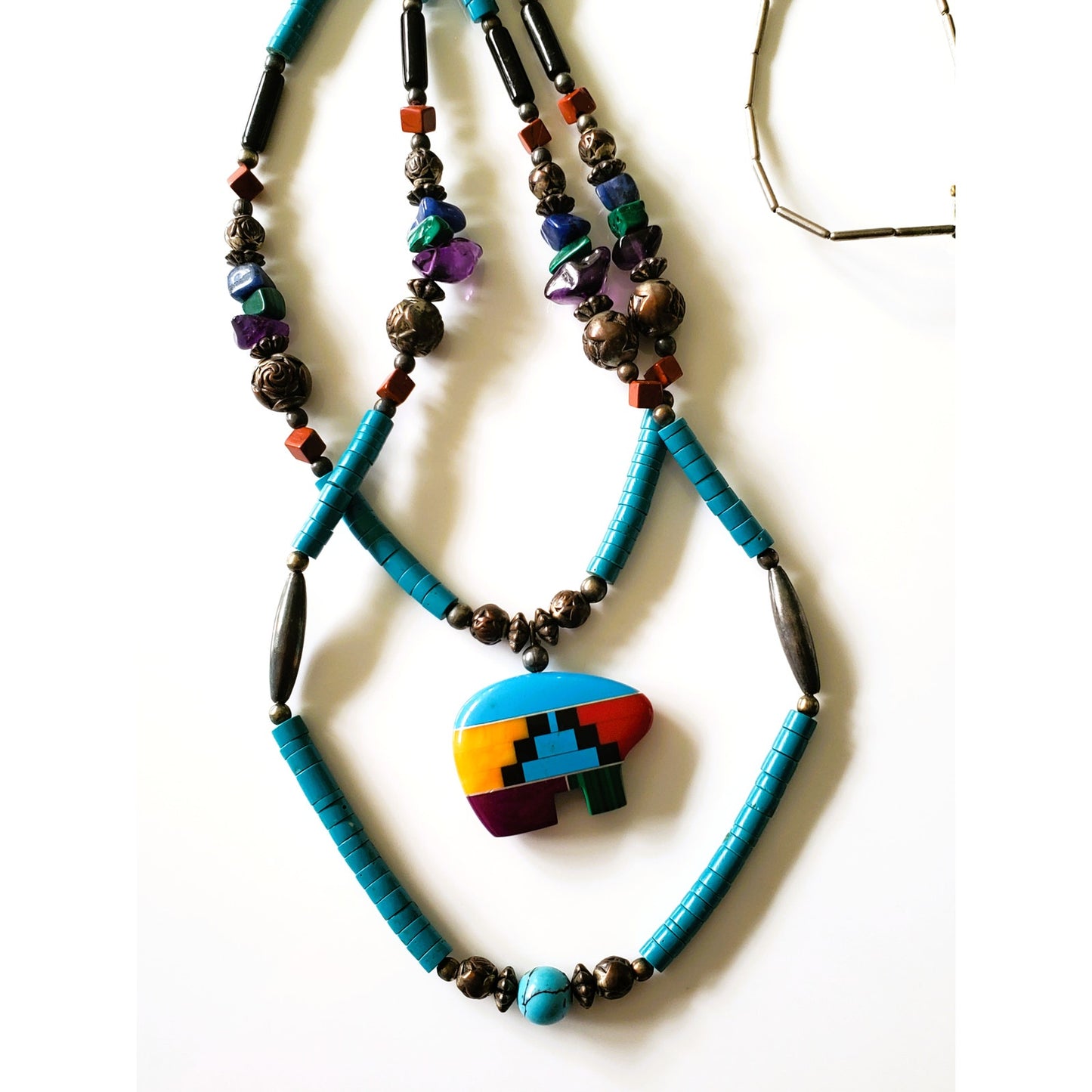 Vintage Native American Multi Stone Double Strand Inlay Bear Necklace