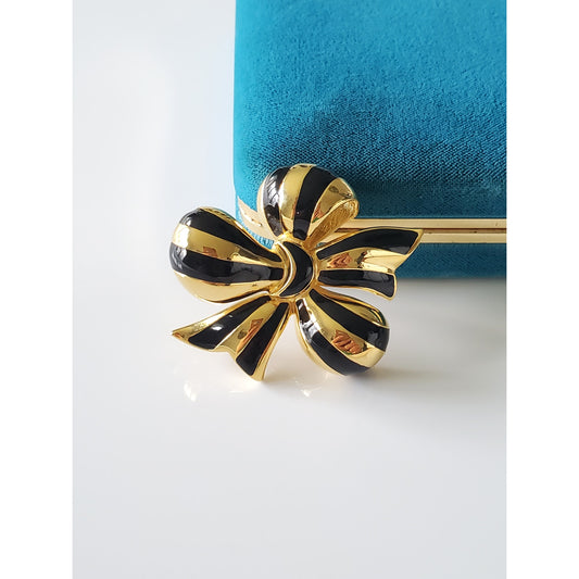 Vintage Joan Rivers Black and Gold Ribbon Brooch