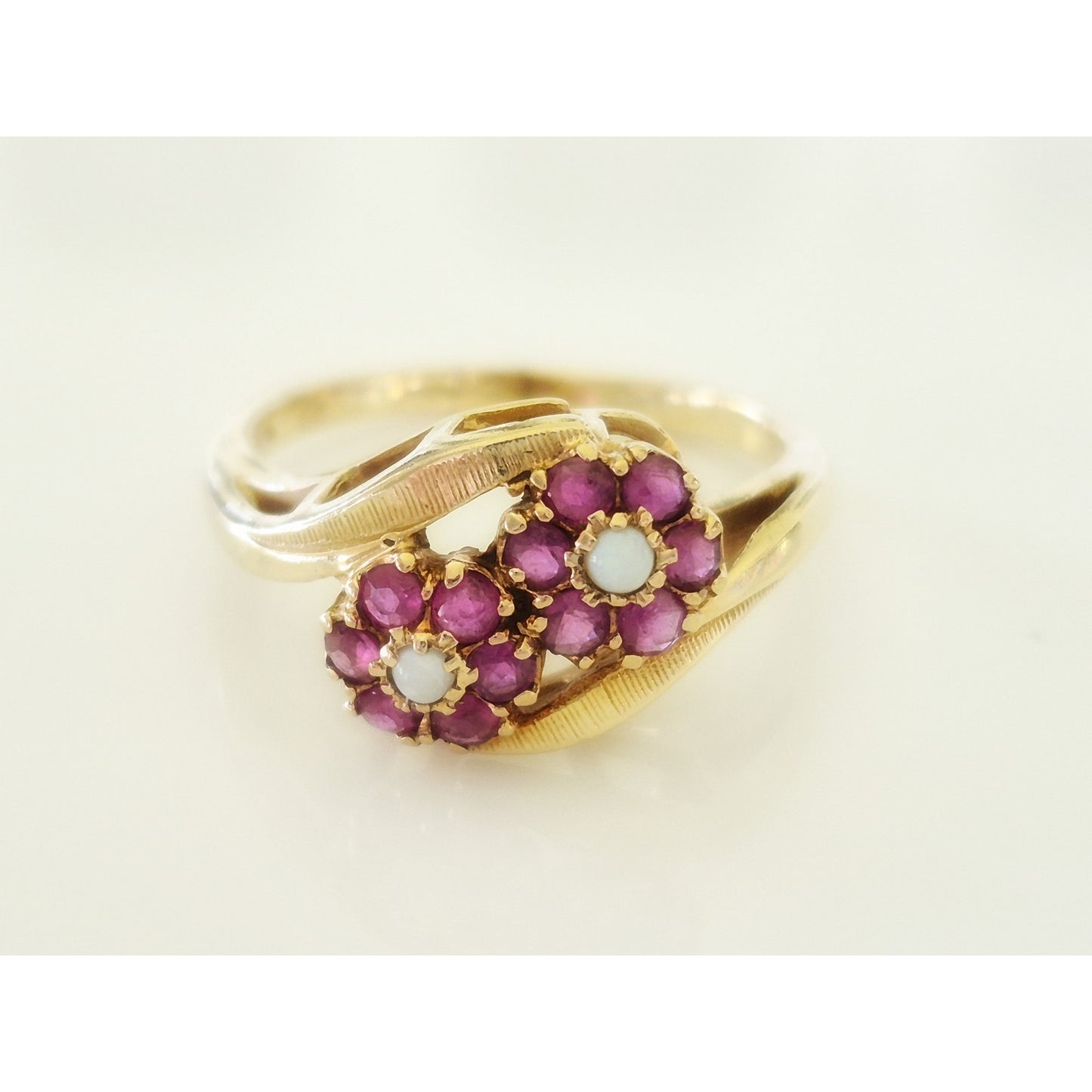 Vintage 10K Gold Ruby and Opal Floral Bypass Ring