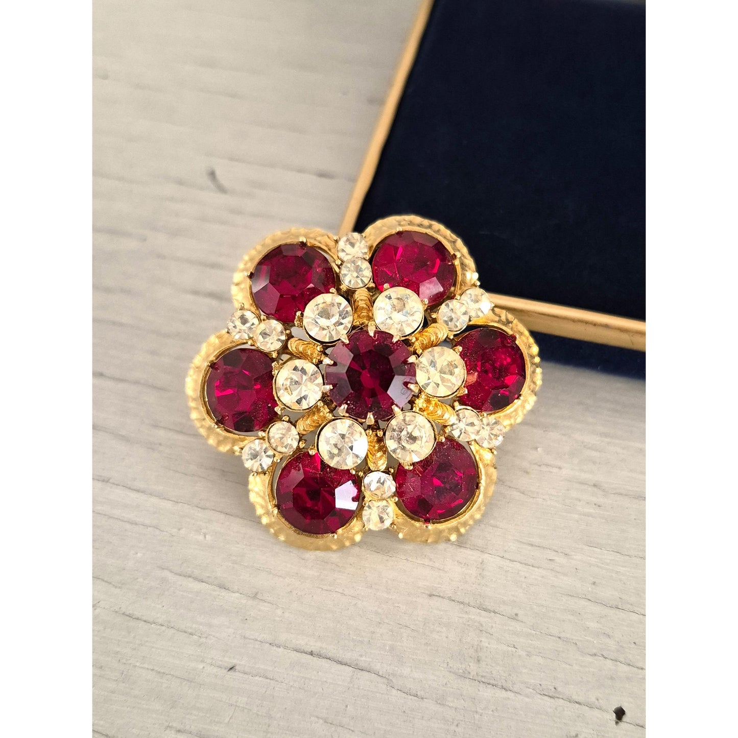 Vintage Ruby Red Clear Crystal Floral Dome Francois Designer Brooch Pendant