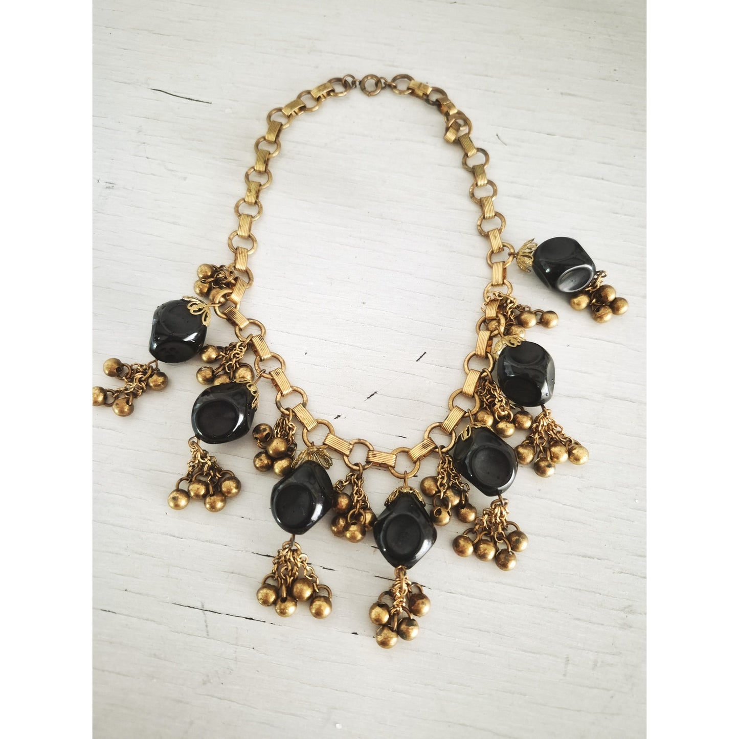 Vintage Black and Gold Beaded Dangle Statement Collar Necklace