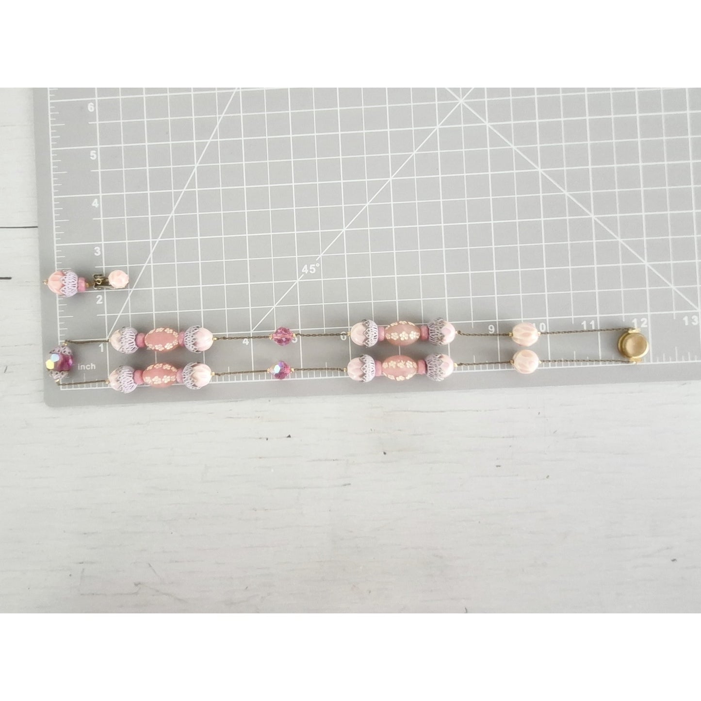 Vintage Pink Floral Lucite Plastic Bead Crystals Necklace and Earring Set
