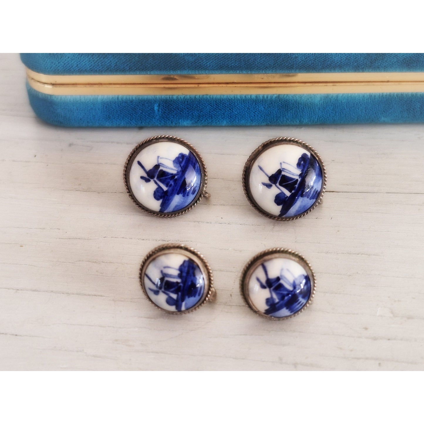 Vintage Delft Dutch Blue White Porcelain Sterling Silver Screw-on Earrings Lot